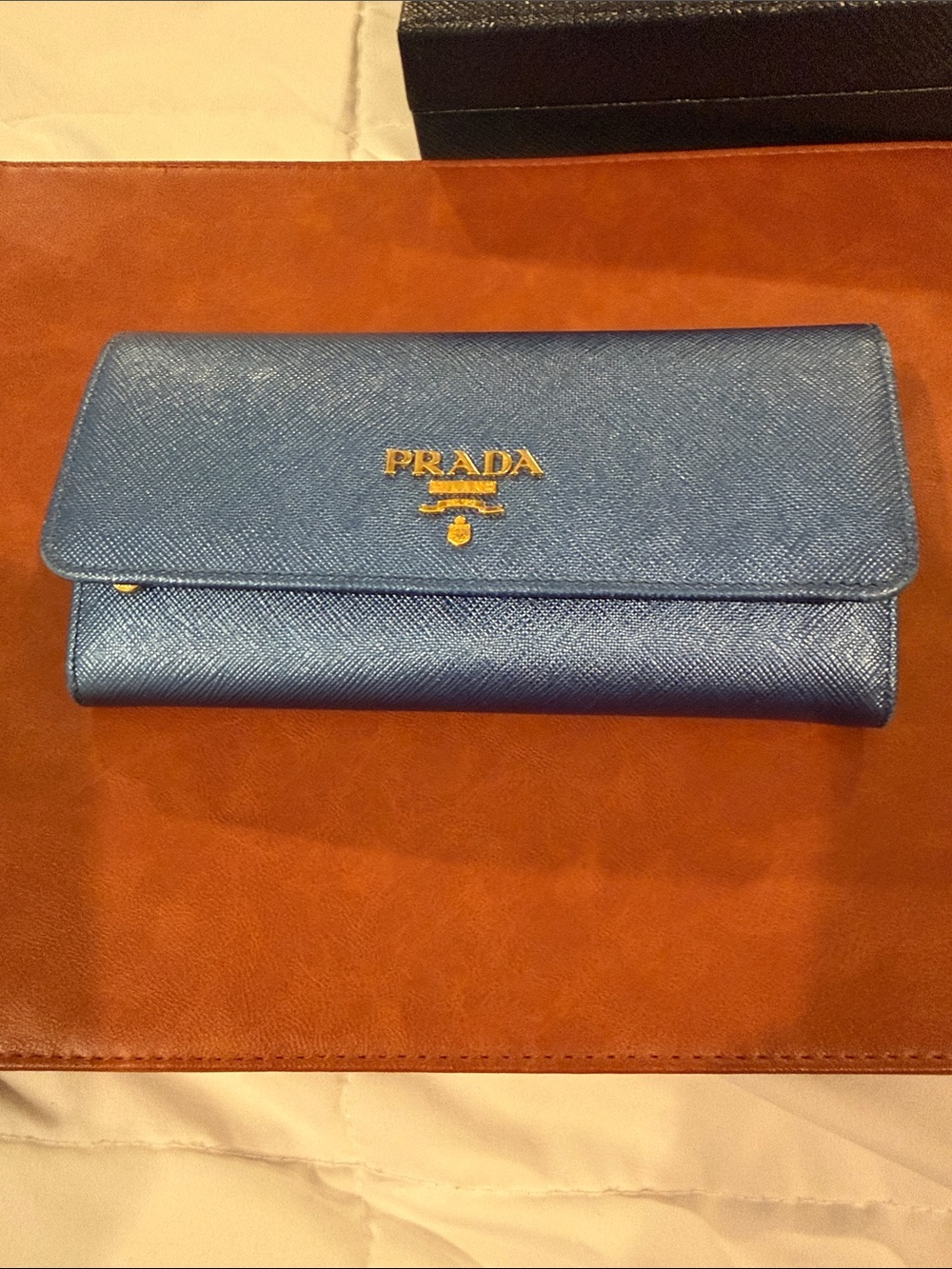 Prada Blue Saffiano Leather Continental Wallet with Gold Logo